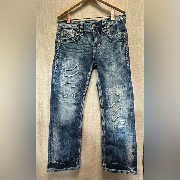 Rock Revival Men's Relaxed Blue Distressed Jeans - Picture 1 of 13